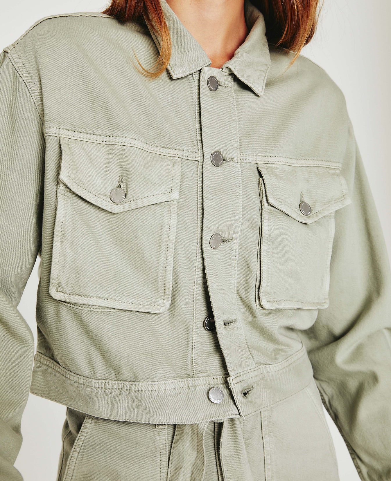 Mirah Cropped Trucker Jacket Sulfur Natural Agave Cropped Trucker Jacket Women Tops Photo 5