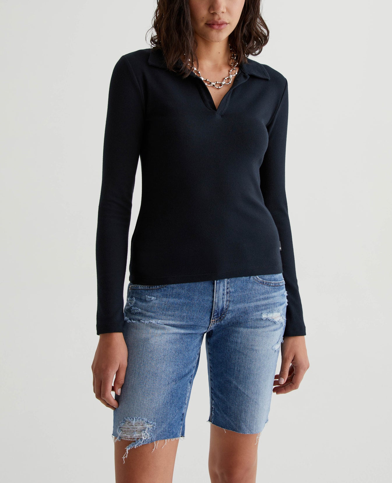 Gia Long Sleeve Johnny Collar True Black Womens Top Photo 1