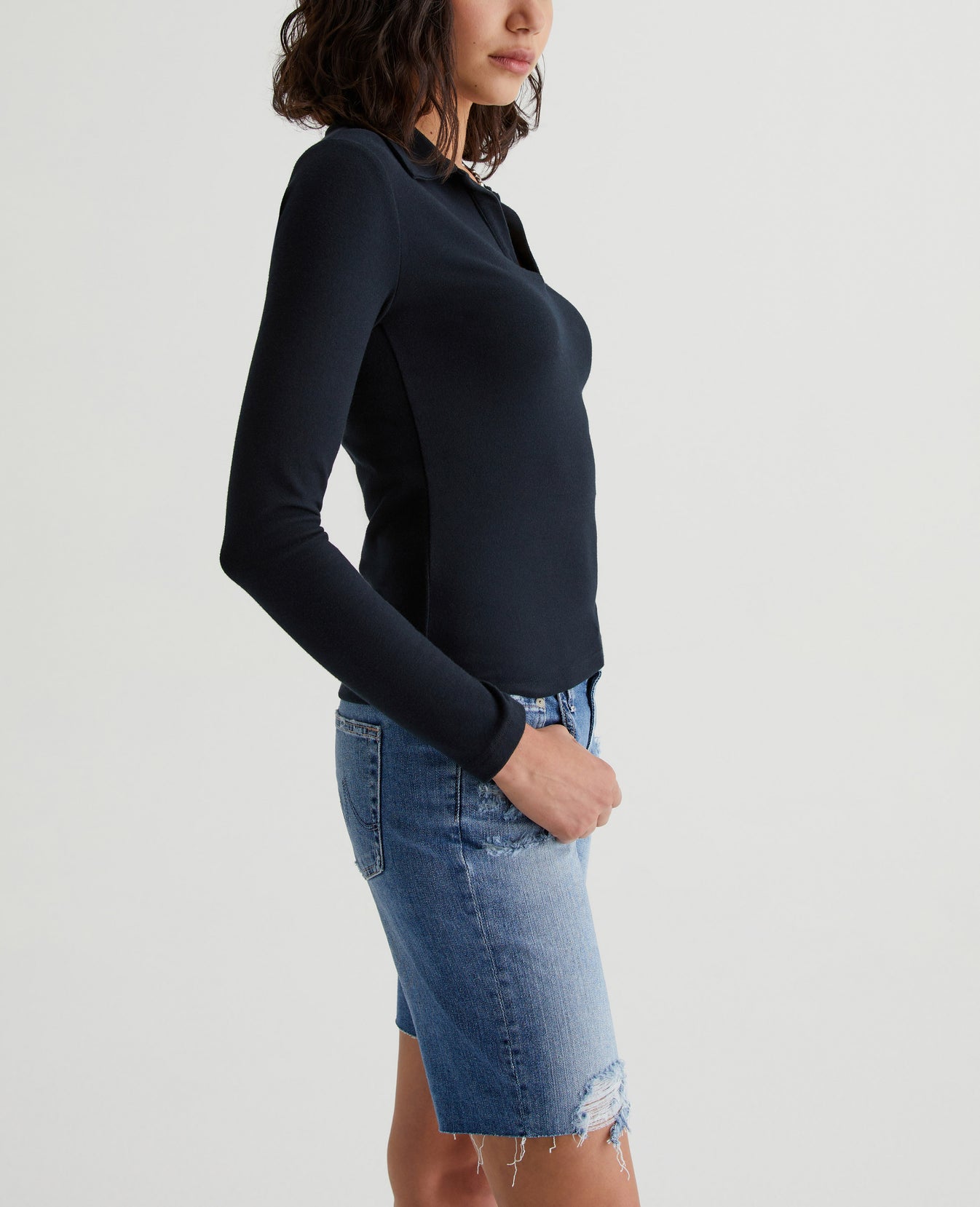 Gia Long Sleeve Johnny Collar True Black Womens Top Photo 5