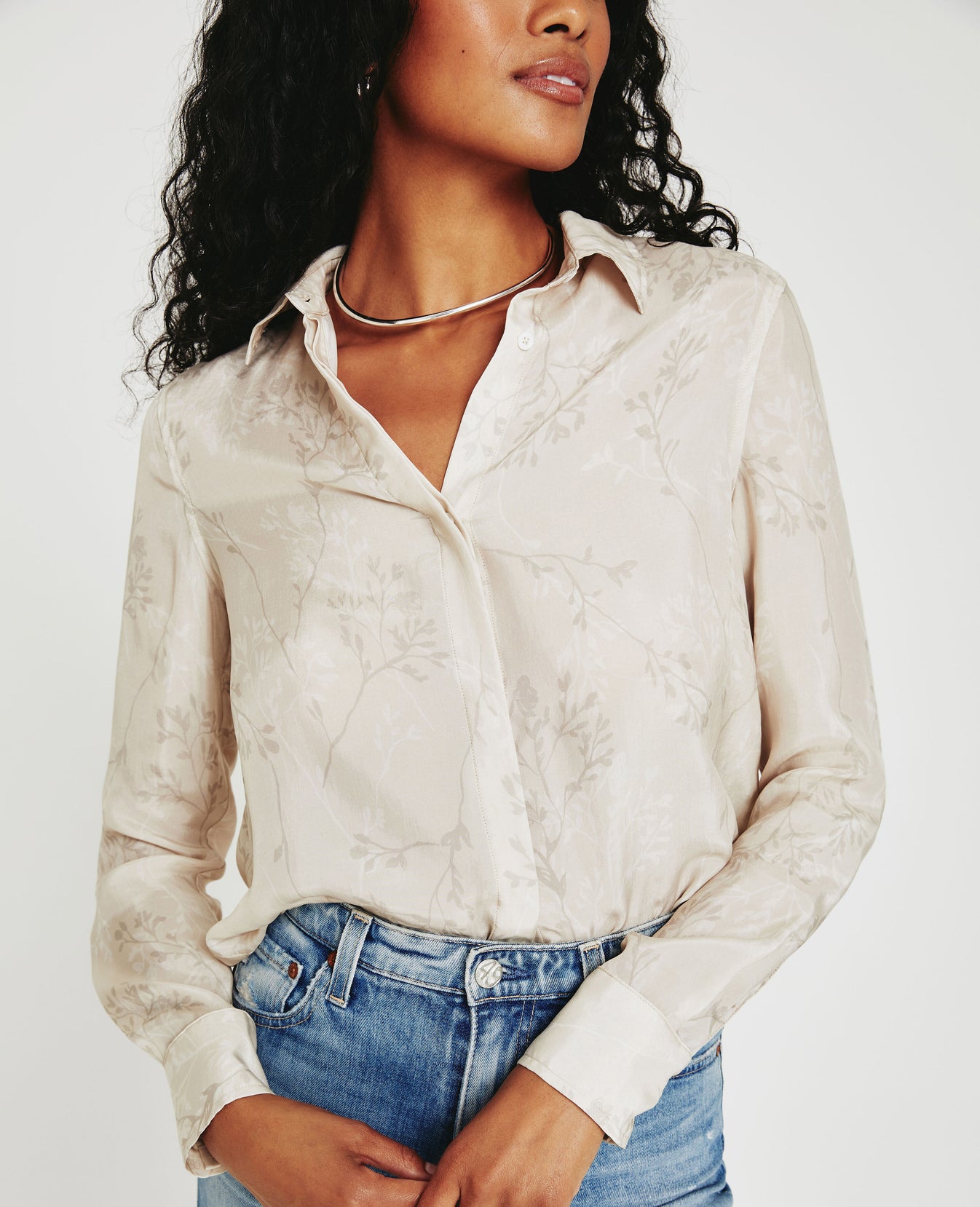 Shiela SHADOW FLOWER NEUTRAL MUTI Classic Button Up Shirt Women Tops Photo 2