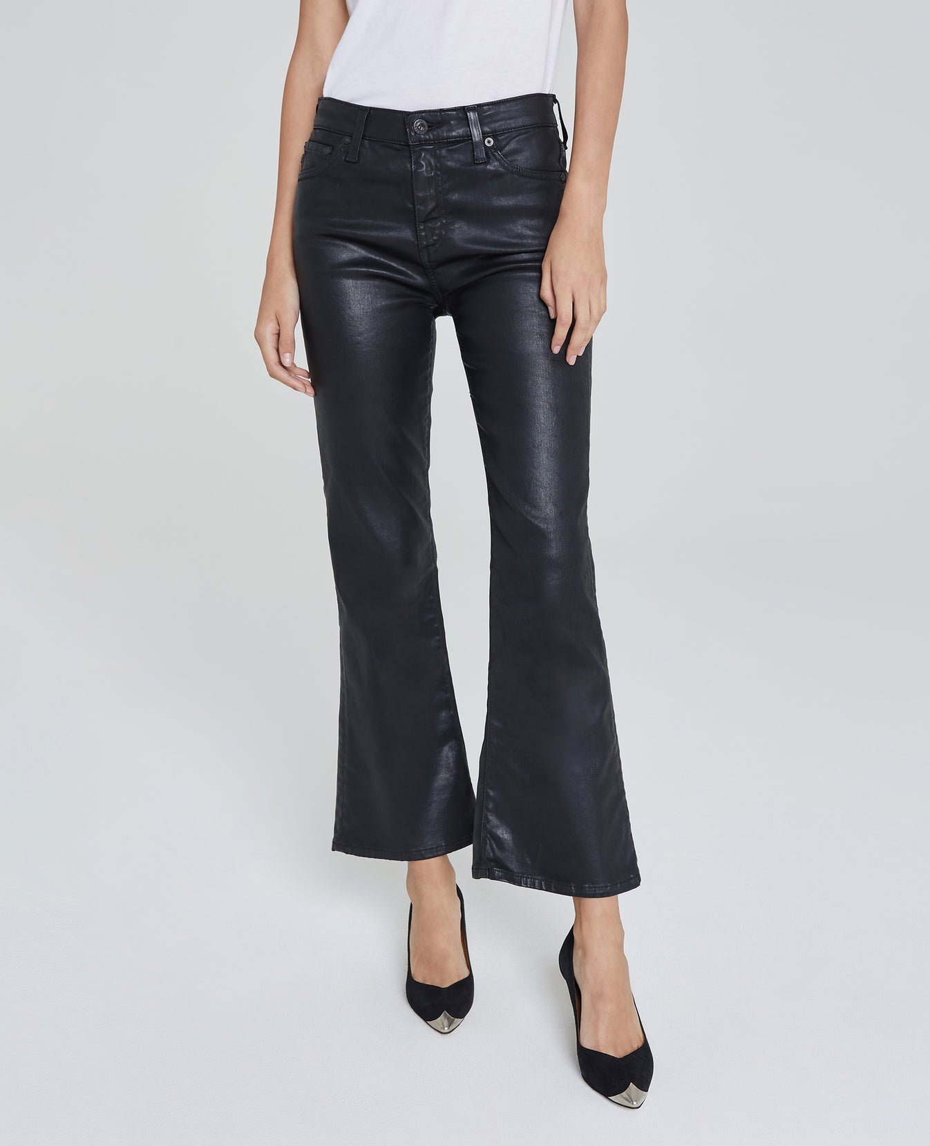 Quinne Crop Leatherette Super Black Leatherette High-Rise Flare Crop Women Bottoms Photo 2