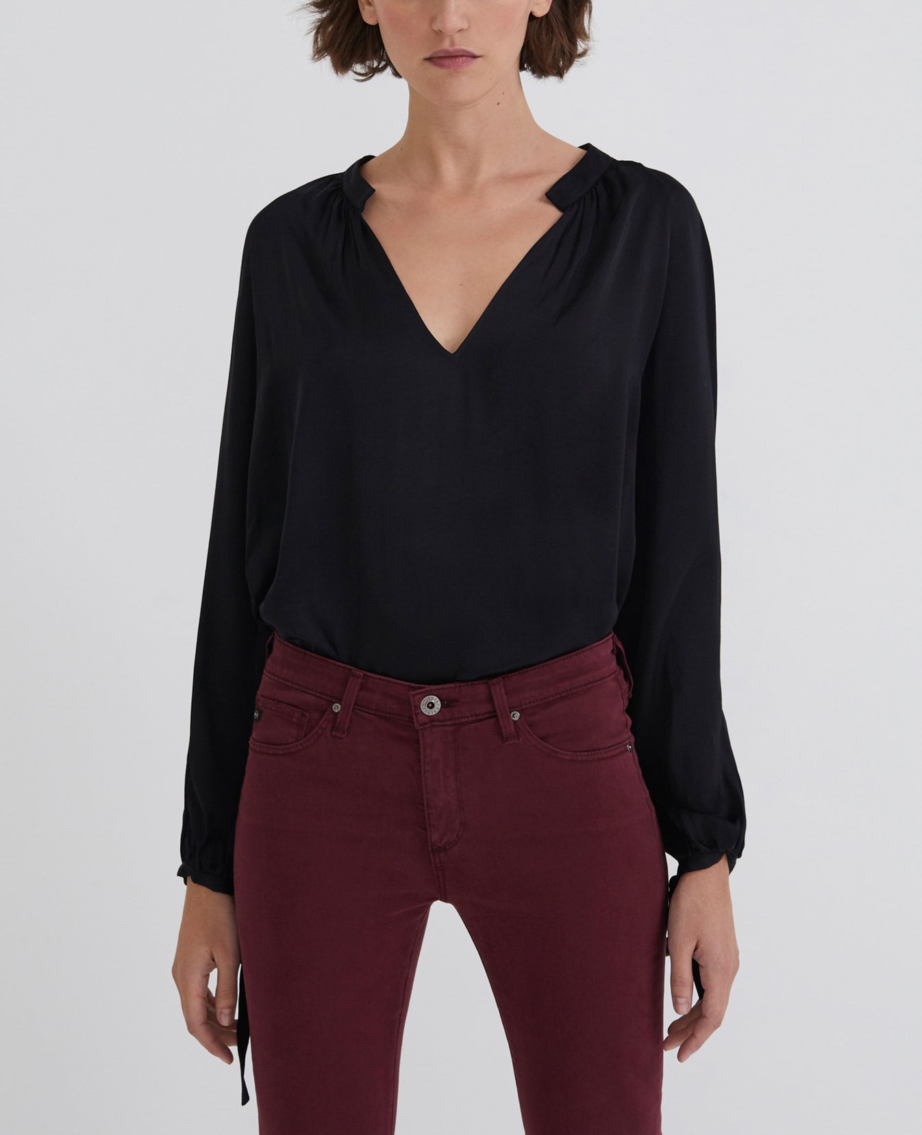 Karina Top True Black Long Sleeve Vee Neck Shirt Women Tops Photo 1