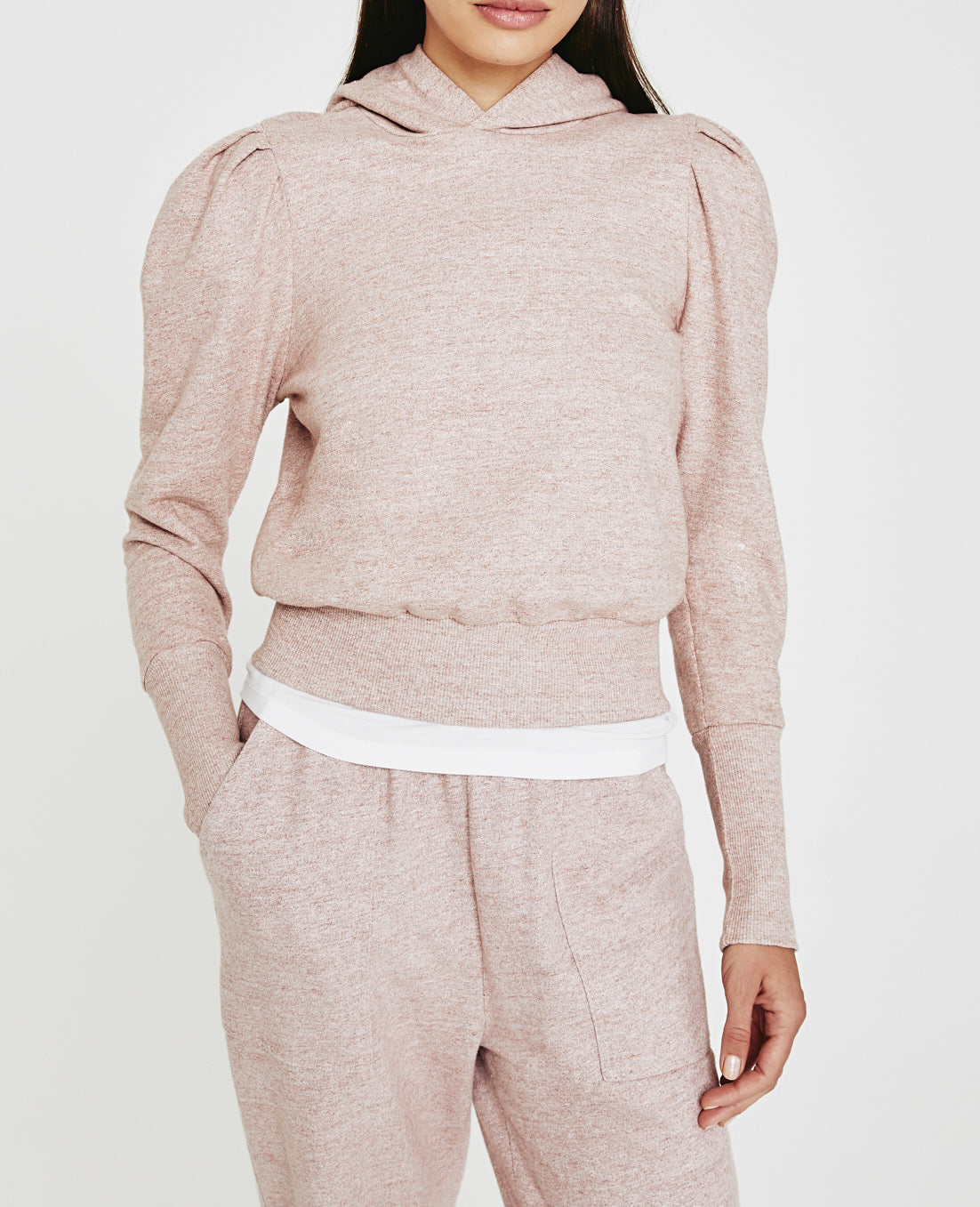 Walker Hoodie Heather Pink Puff Sleeve Hoodie Women Tops Photo 1