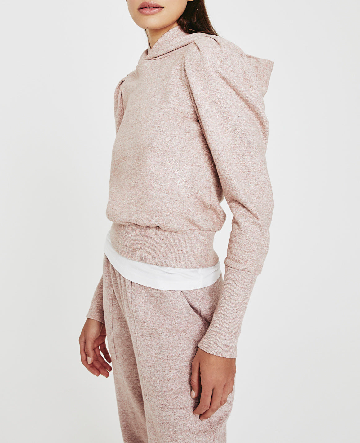 Walker Hoodie Heather Pink Puff Sleeve Hoodie Women Tops Photo 3