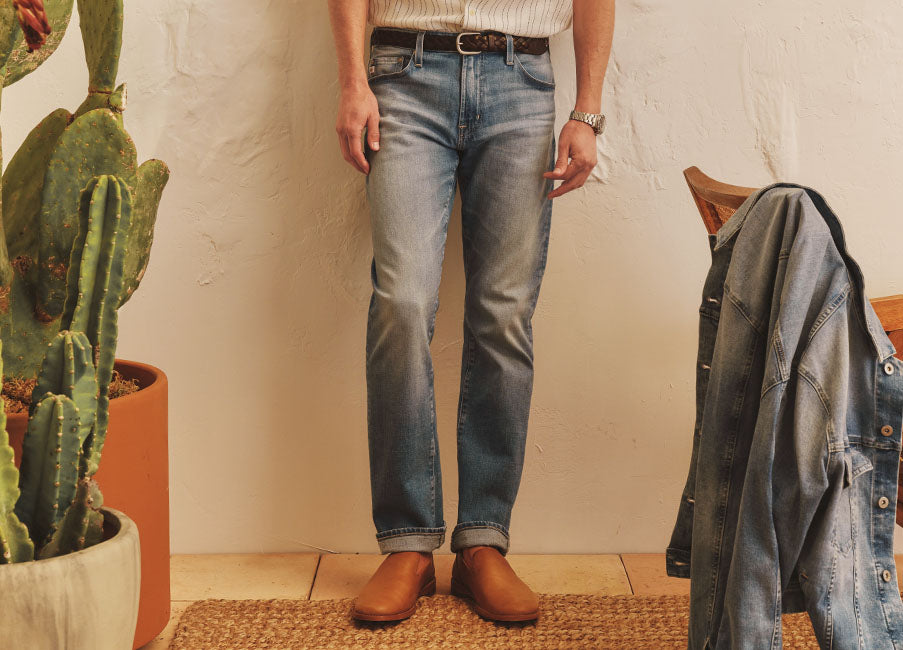 Person wearing blue jeans standing next to a potted cactus indoors.