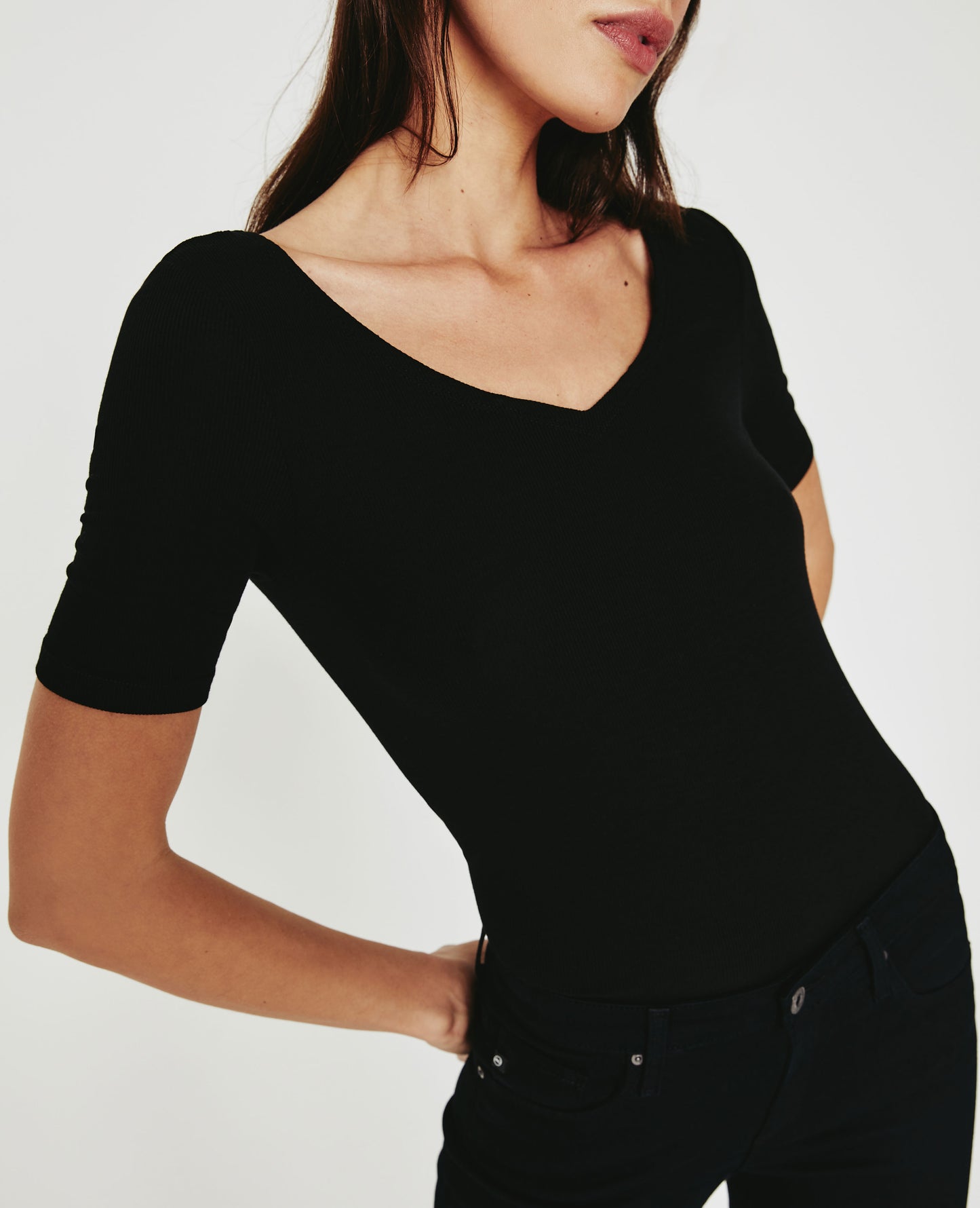 Marilyn Short Sleeve V-Neck Tee True Black Ribbed Knit Collection Women Tops Photo 3