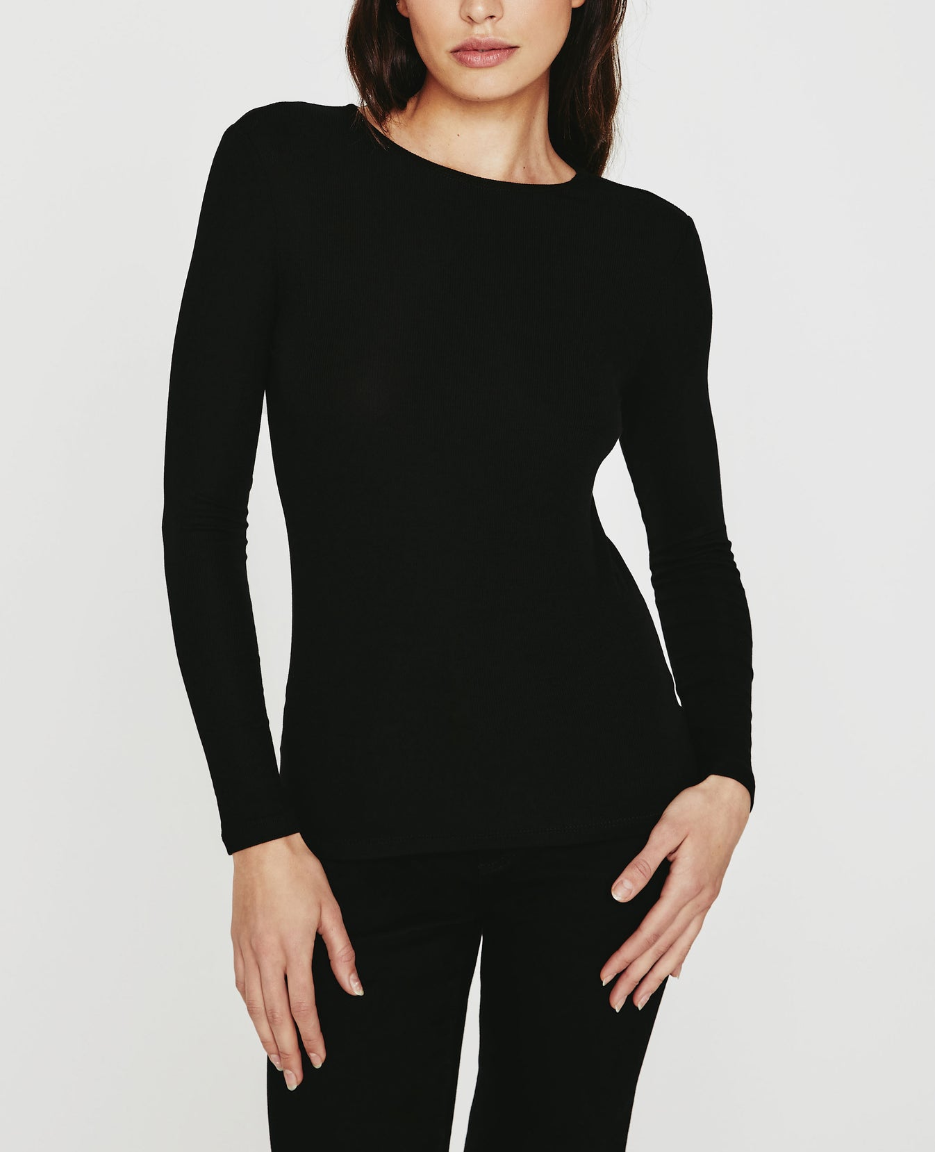 Patti Long Sleeve Crew Neck Tee True Black Ribbed Knit Collection Women Tops Photo 1