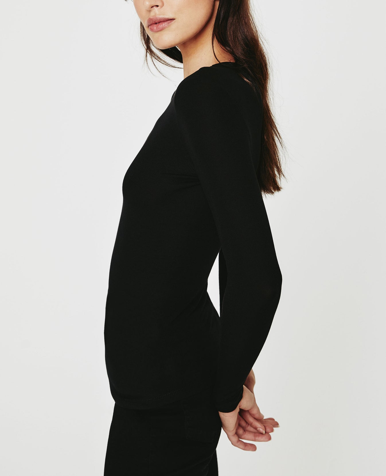 Patti Long Sleeve Crew Neck Tee True Black Ribbed Knit Collection Women Tops Photo 4