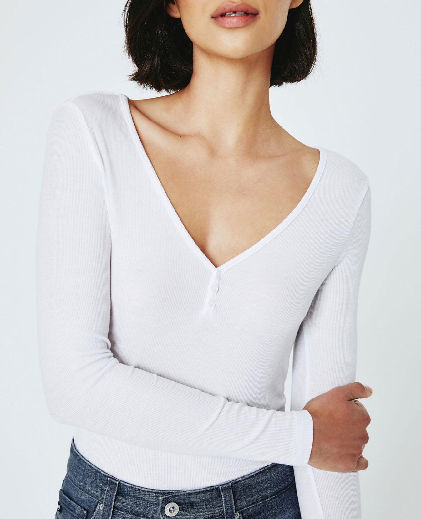 Anita Long Sleeve Henley True White Ribbed Knit Collection Women Tops Photo 1