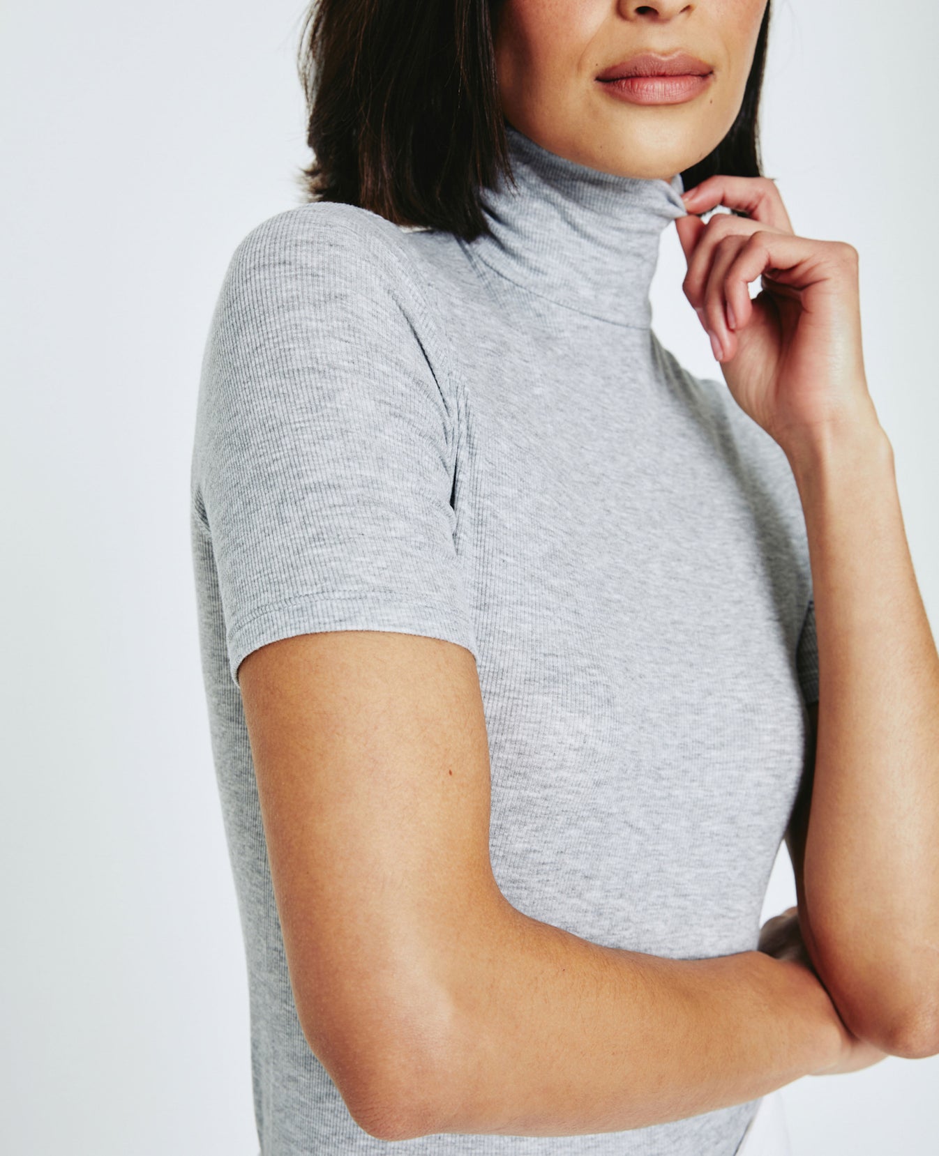 Edie Short Sleeve Turtleneck Heather Grey Ribbed Knit Collection Women Tops Photo 1