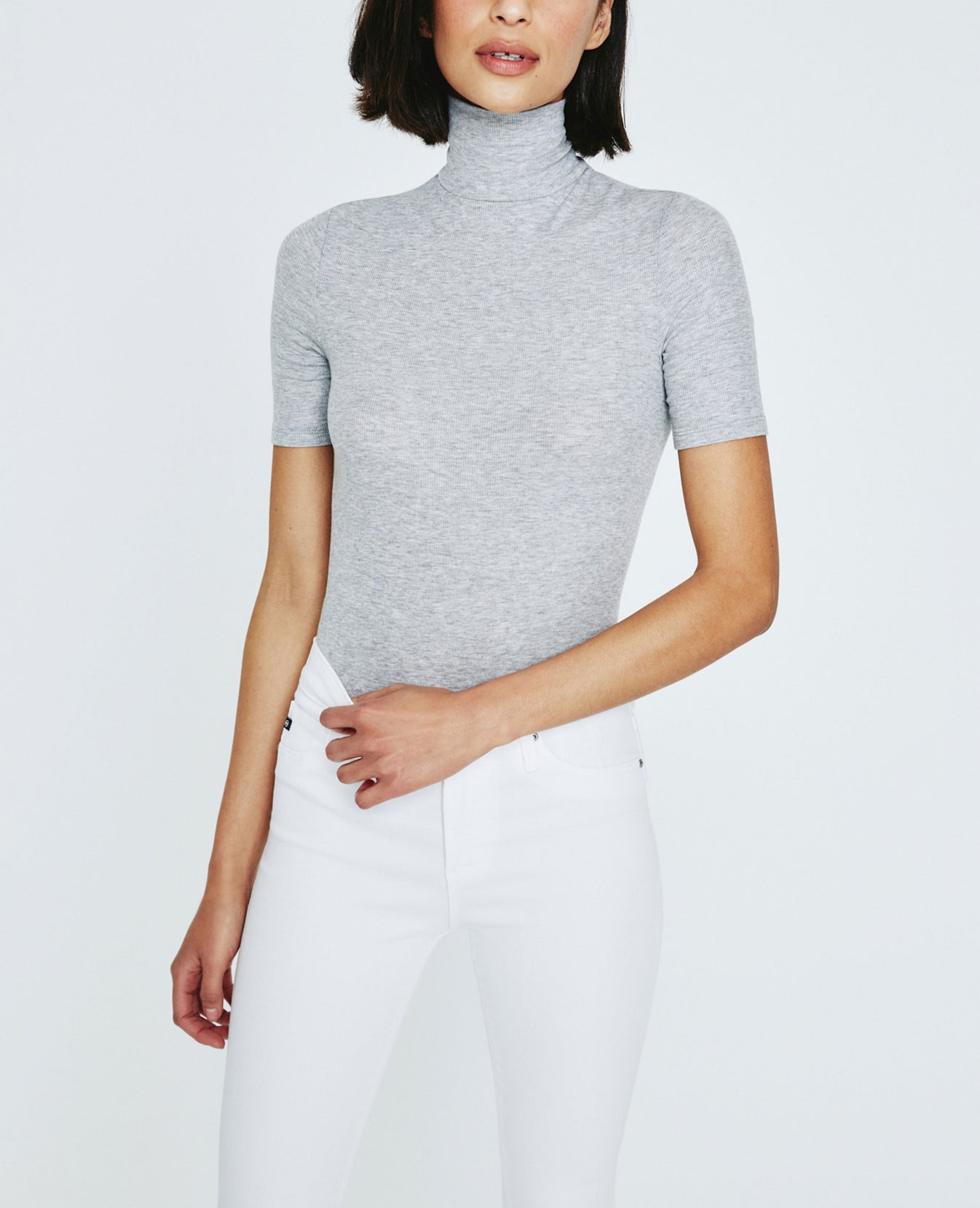 Edie Short Sleeve Turtleneck Heather Grey Ribbed Knit Collection Women Tops Photo 2