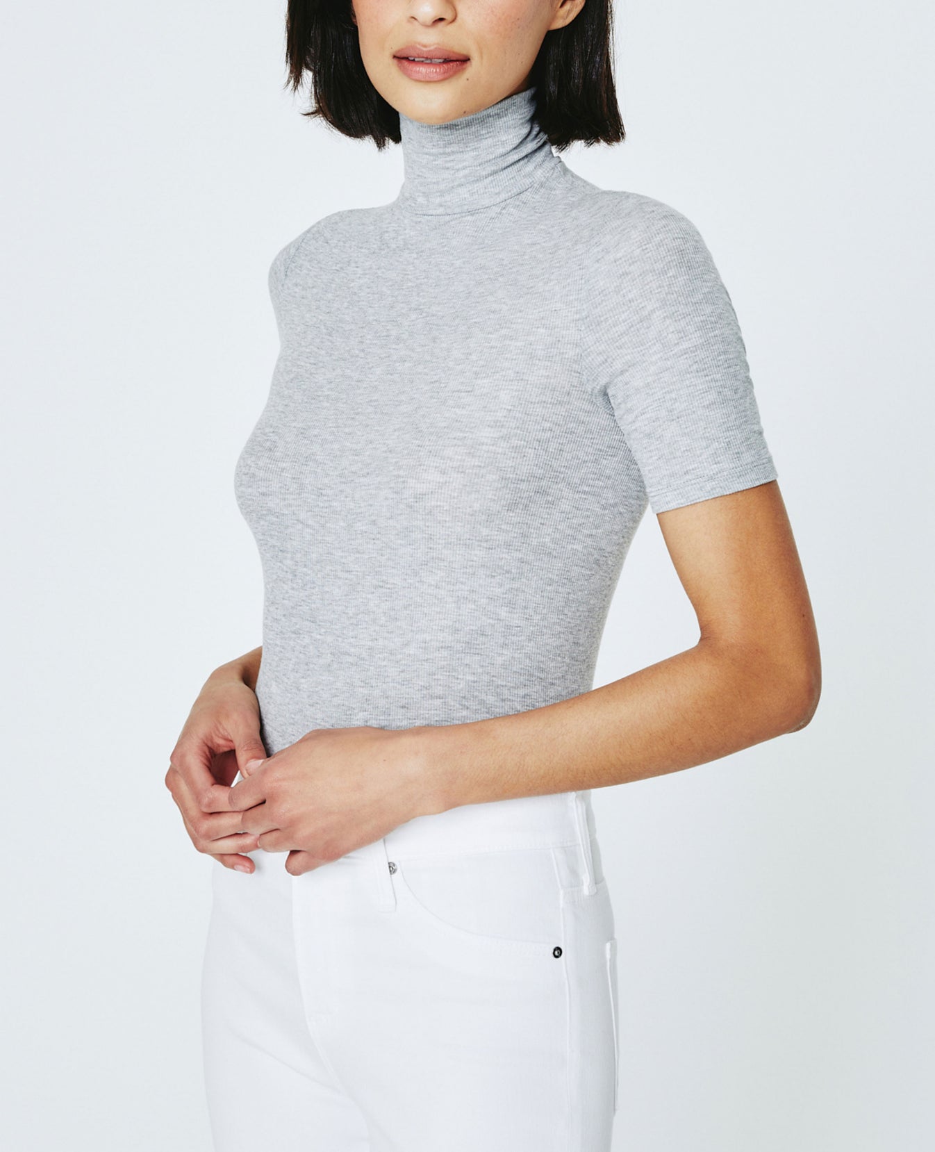 Edie Short Sleeve Turtleneck Heather Grey Ribbed Knit Collection Women Tops Photo 3