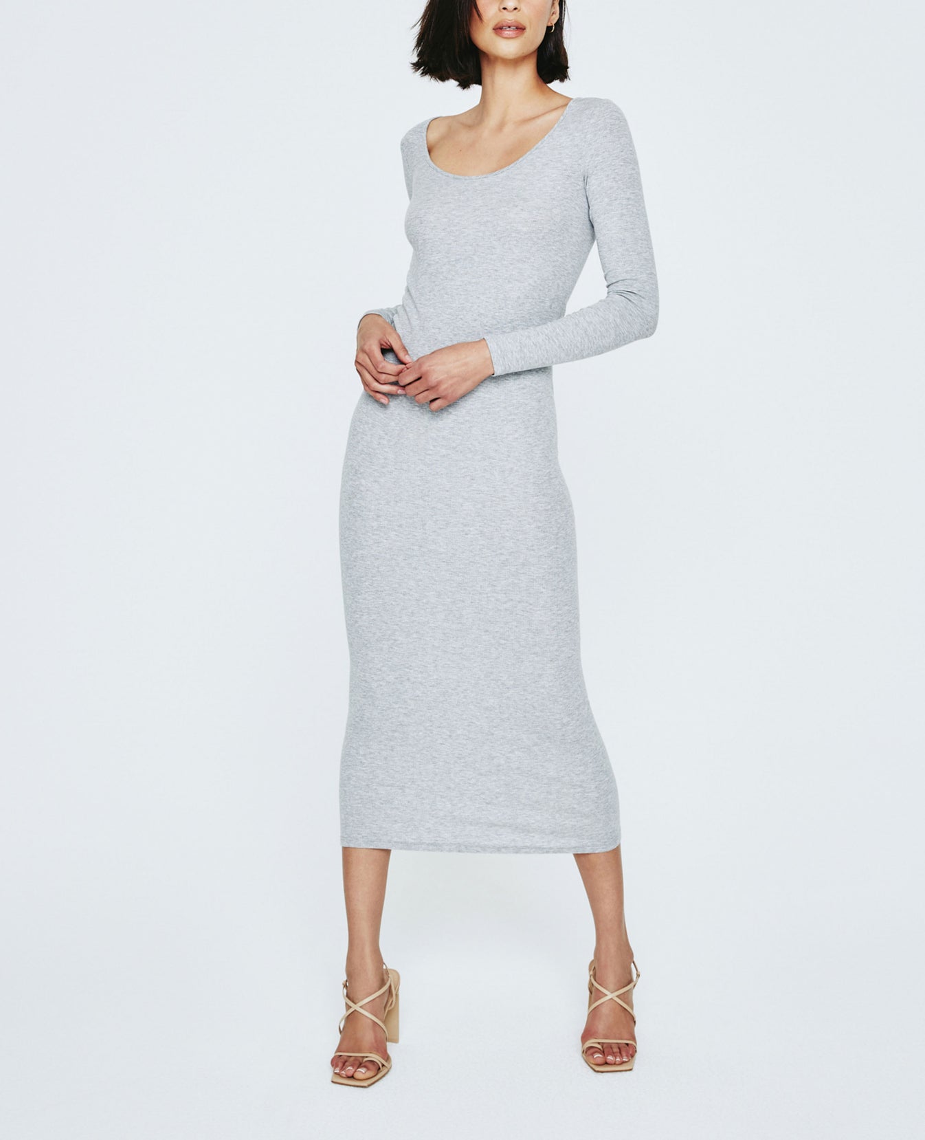 Angela Long Sleeve Ballet Neck Dress Heather Grey Ribbed Knit Collection Women Onepiece Photo 1